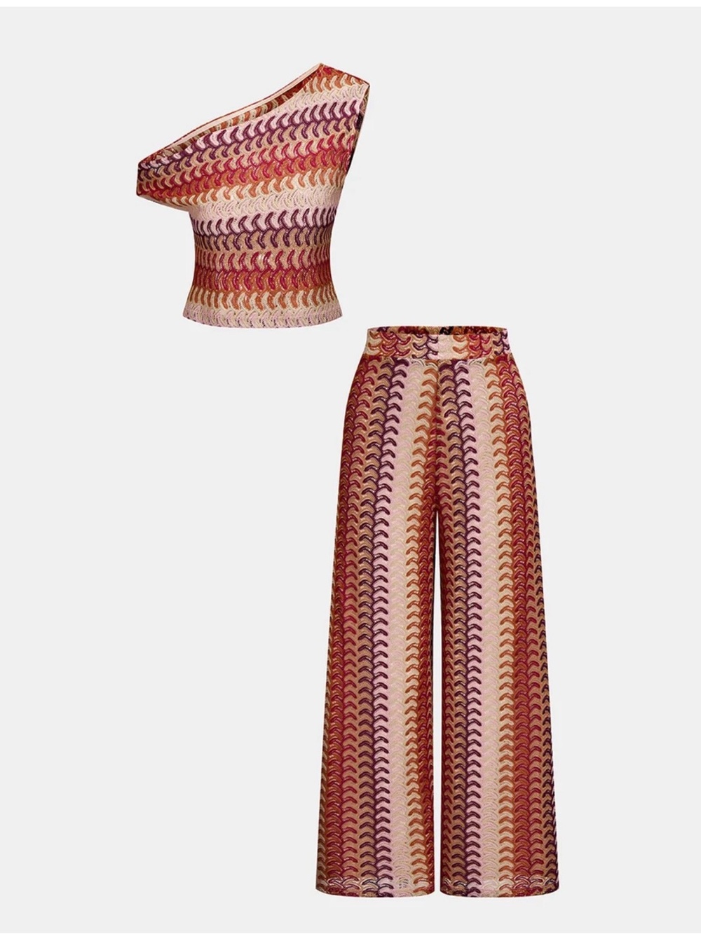 Commense Multicolor One-Shoulder Knit Top & Pants Set